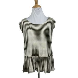 Painted Threads Peplum Striped Top Womens Size L Ivory Black Cap Sleeves Stretch